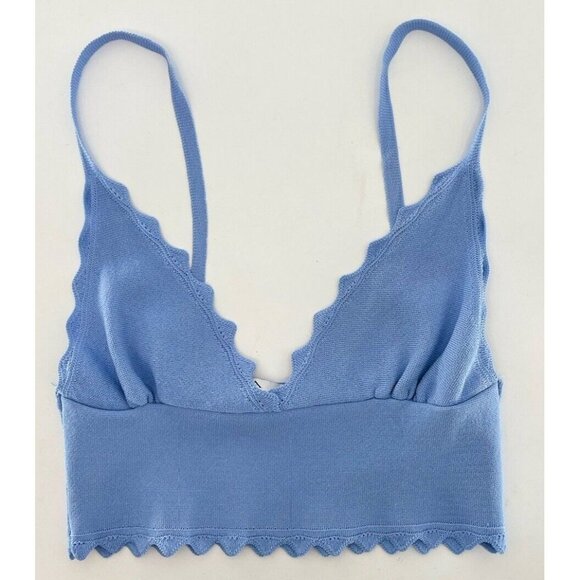 Zara Women’s Baby Blue Scalloped V-Neck Cropped Top Size Small, Festival, Boho‎ - Picture 1 of 8